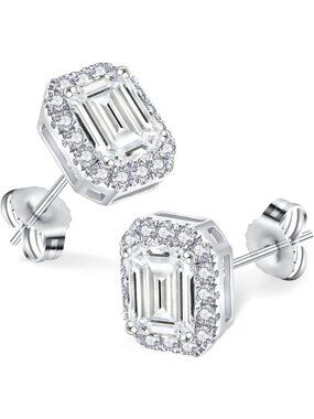 Exquisite Round Emerald Cut Moissanite Earrings in Sterling Silver - Perfect